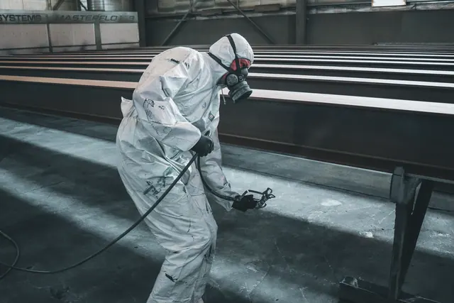 Worker in protective gear spray painting metal beams inside a factory setting.