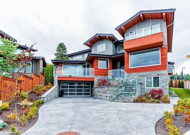 balcony, beautiful, bushes, cloudy, fence, fir, garage, glass, grass, green, house, modern, sky, steps, trees, two-storey, windows, two, storey, building, architecture, exterior, home, facade, property, residential, summer, door, estate, new, nature, apartment. What Does It Cost to Paint a Two-Story House Exterior?