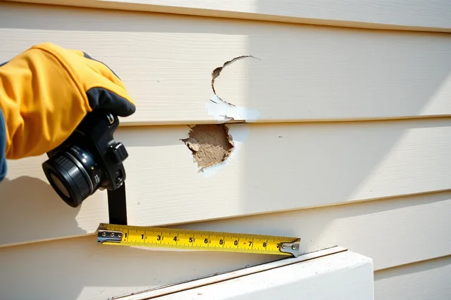 Tape measure held at hail impact mark on damaged exterior wall coating. How Denver hail and UV drive exterior coating and insurance repaint demand