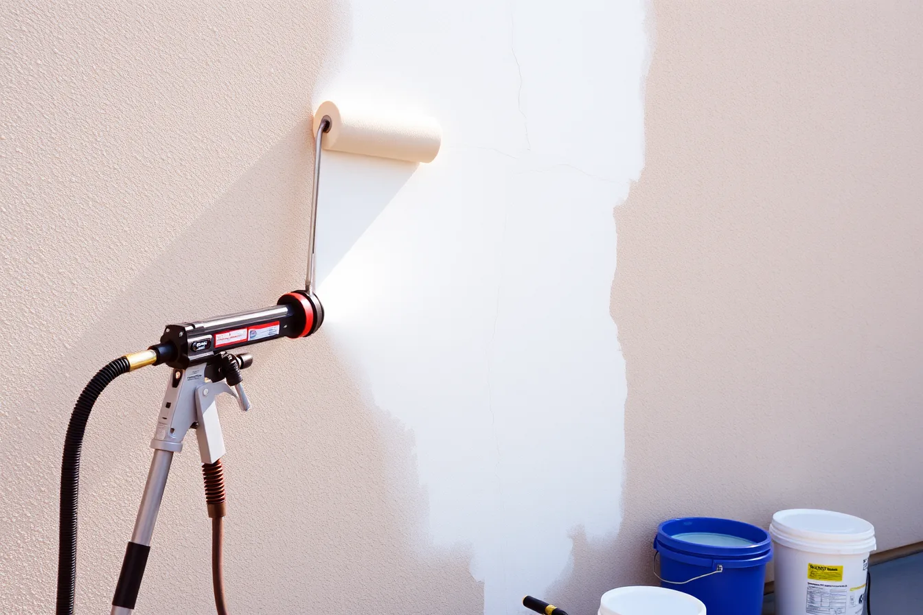 Elastomeric coating rolled onto cracked stucco exterior wall in desert sun. Phoenix vs Seattle exterior repaint costs, how climate changes coating choices