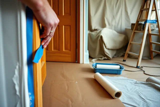 Painter's hands taping a door frame with masking paper and roller nearby. What a painting contractor business hire must learn in the first weeks