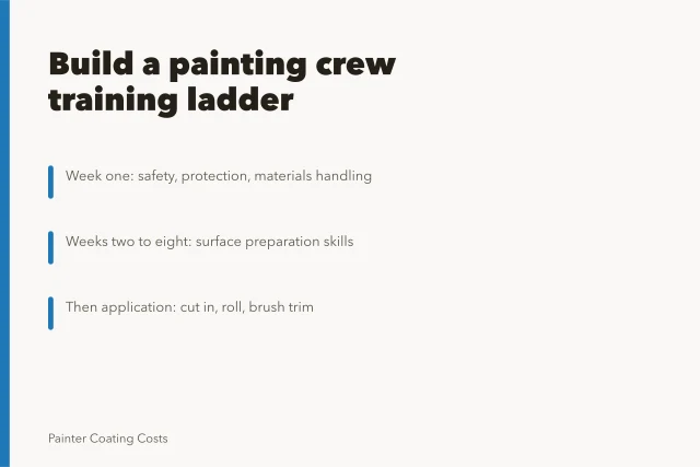 Card showing painting contractor hiring and training ladder steps. How a painting contractor business hires and trains for 2027