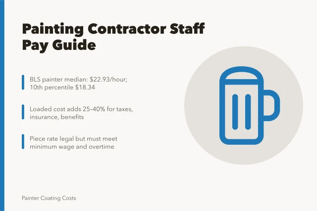 Card showing painter wage percentiles and loaded labor cost factors. How much to pay painting contractor staff