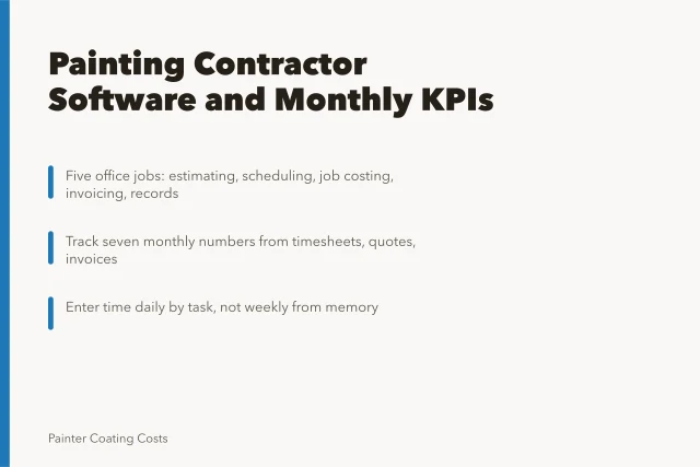 Card on painting contractor software, five office jobs, and monthly KPIs. Running a painting contractor business on software: tools and metrics