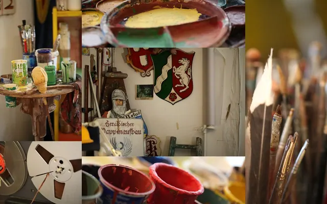 paint brush, coat of arms, coat of arms of painting, script painter, palette, atelier, painting studio, sign painter, painter, artist, still life, art, to paint, to dye, layout, mi