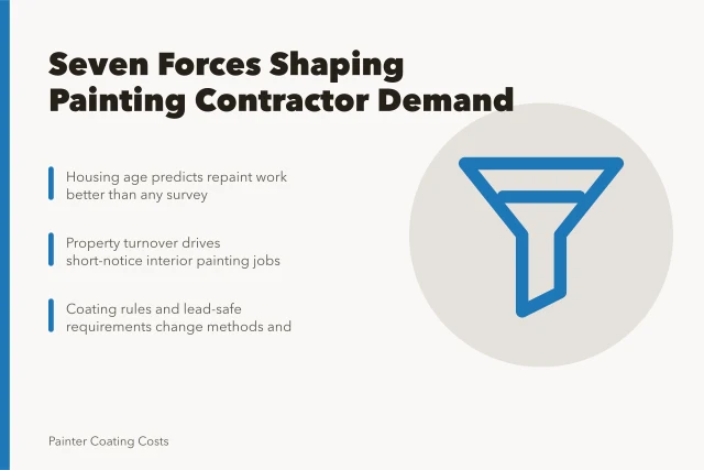 Card listing seven forces that shape local painting contractor demand. The forces shaping painting contractor demand