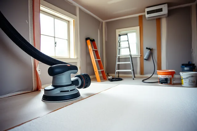 HEPA vacuum sander smoothing drywall inside a plastic-sealed interior work area. Where does winter interior painting work come from in Minneapolis and Chicago?