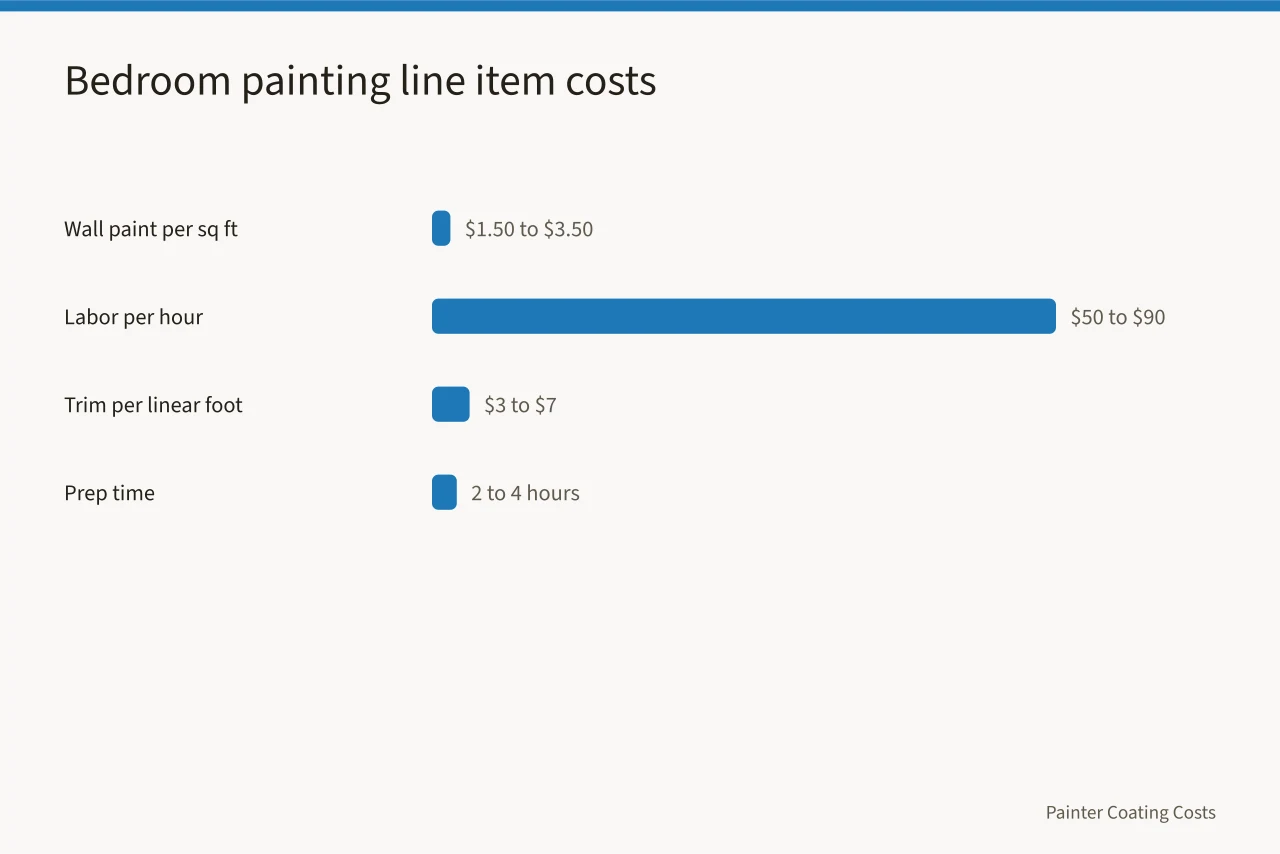Bar chart of painting cost rates for labor, materials, and trim (What It Costs to Paint a Bedroom: Walls, Ceiling and Trim)