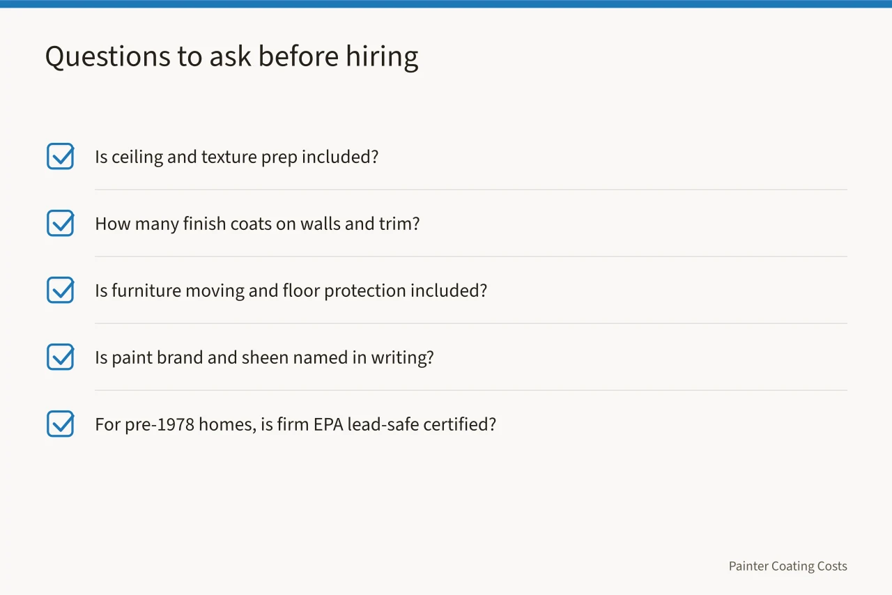 Checklist of questions to ask a painting contractor (What It Costs to Paint a Bedroom: Walls, Ceiling and Trim)