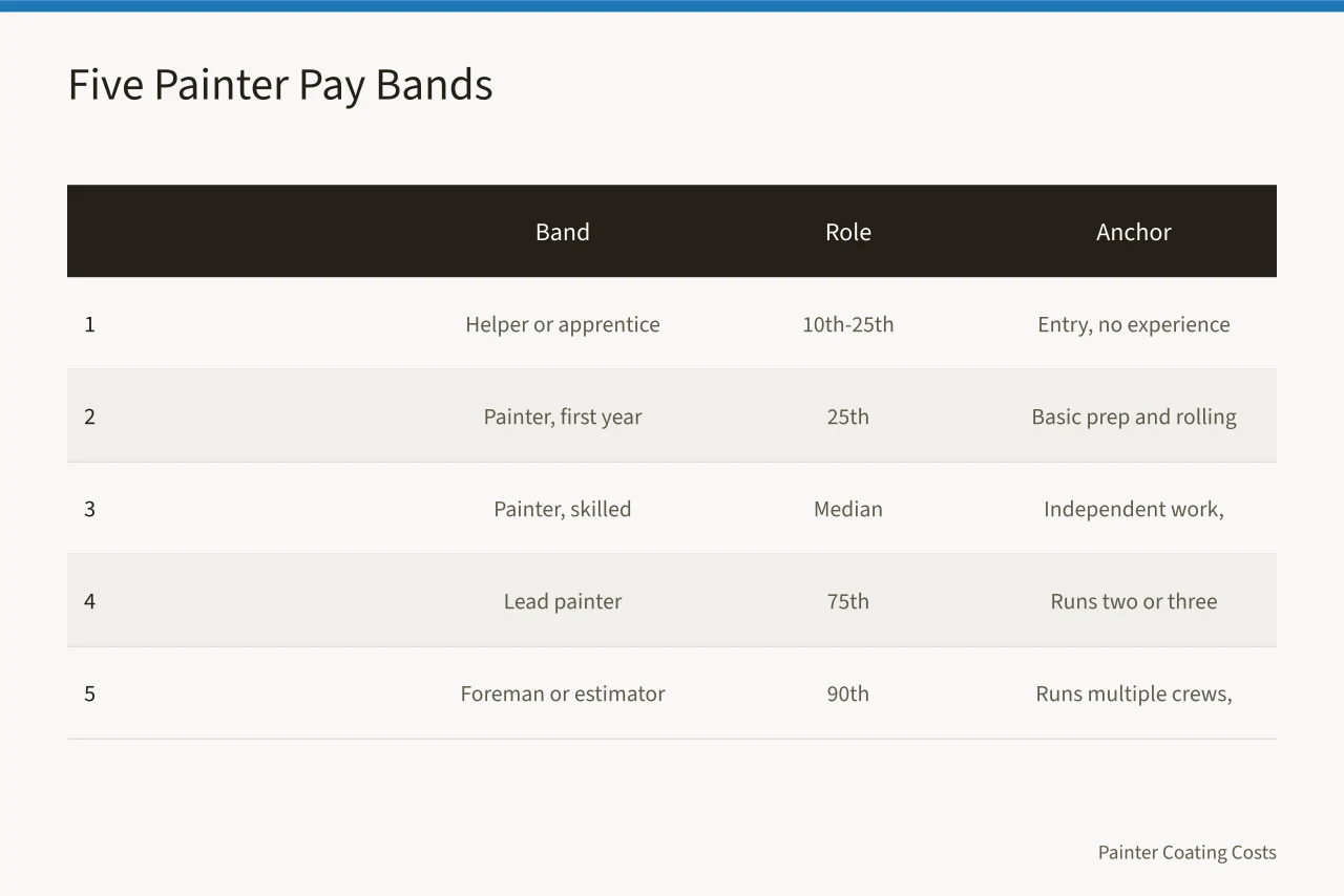 Table of five painter pay bands anchored to OEWS percentiles (How to use BLS painter wage data to set pay in your metro)