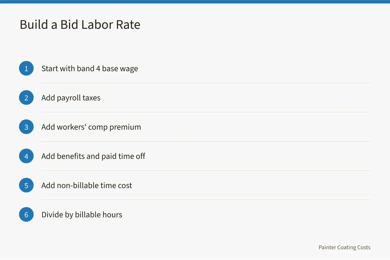 Six-step build-up from band wage to bid labor rate (How to use BLS painter wage data to set pay in your metro)