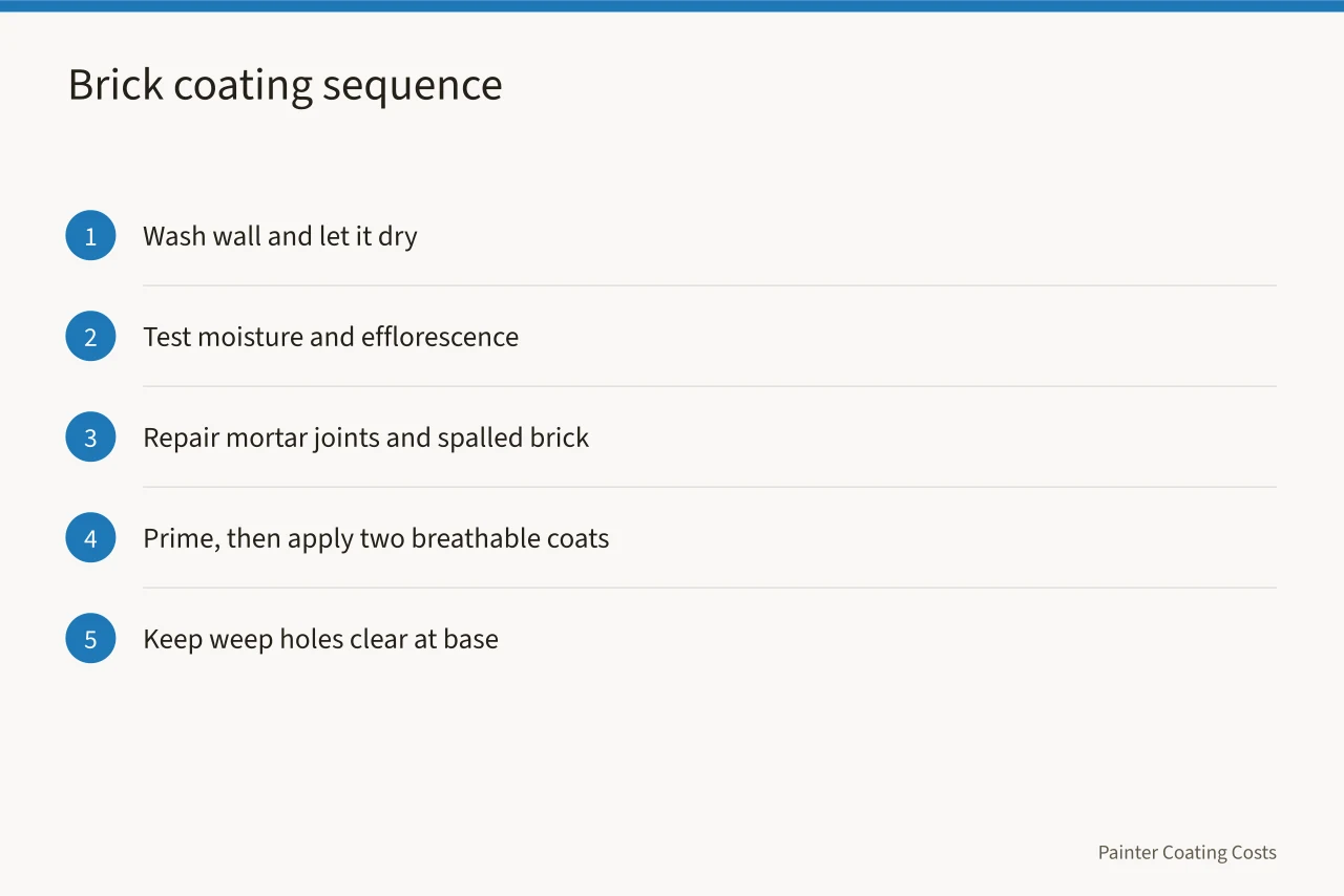 Five-step diagram of brick wall prep and coating sequence (What Painting a Brick House Costs per Square Foot)
