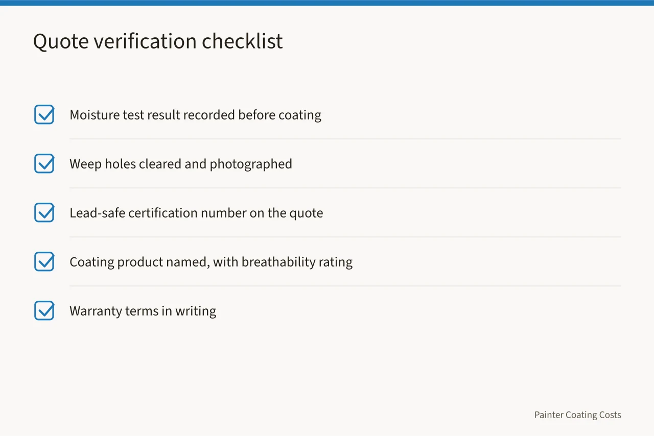Checklist of five items to verify on a brick painting quote (What Painting a Brick House Costs per Square Foot)