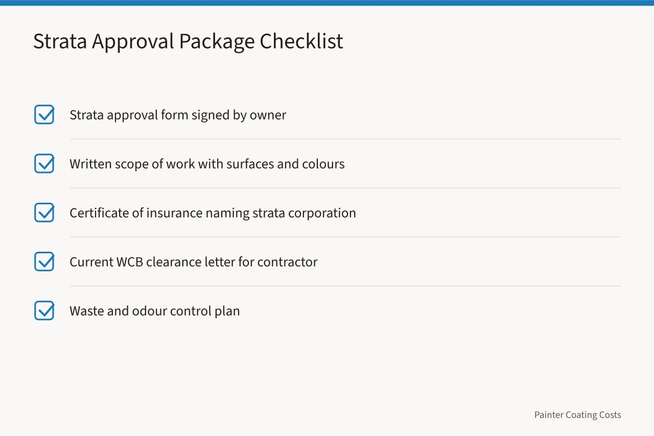 Checklist of documents needed for a strata painting approval package (What Condo Painting Costs in Vancouver: Strata Rules and Rates)