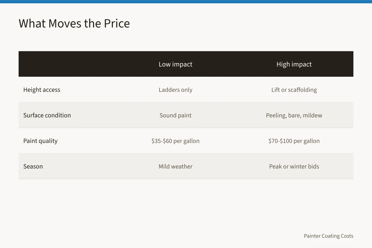 Comparison table of factors that raise or lower exterior painting cost (What Does It Cost to Paint a Two-Story House Exterior?)