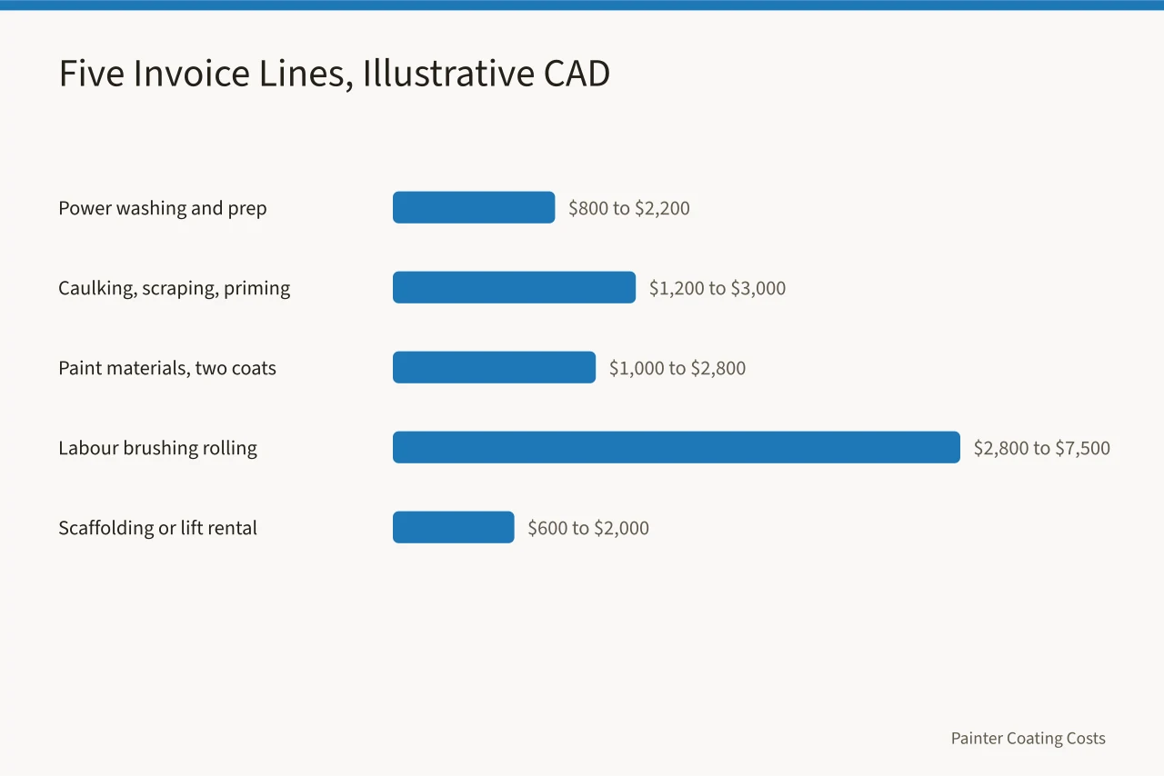 Bar chart of five exterior painting invoice line items (How Much Does Exterior House Painting Cost in Ontario?)