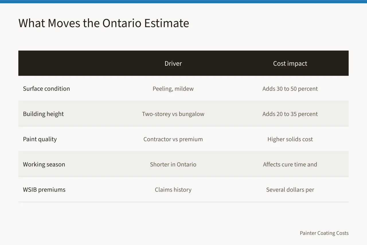 Comparison table of cost drivers for Ontario exterior painting (How Much Does Exterior House Painting Cost in Ontario?)