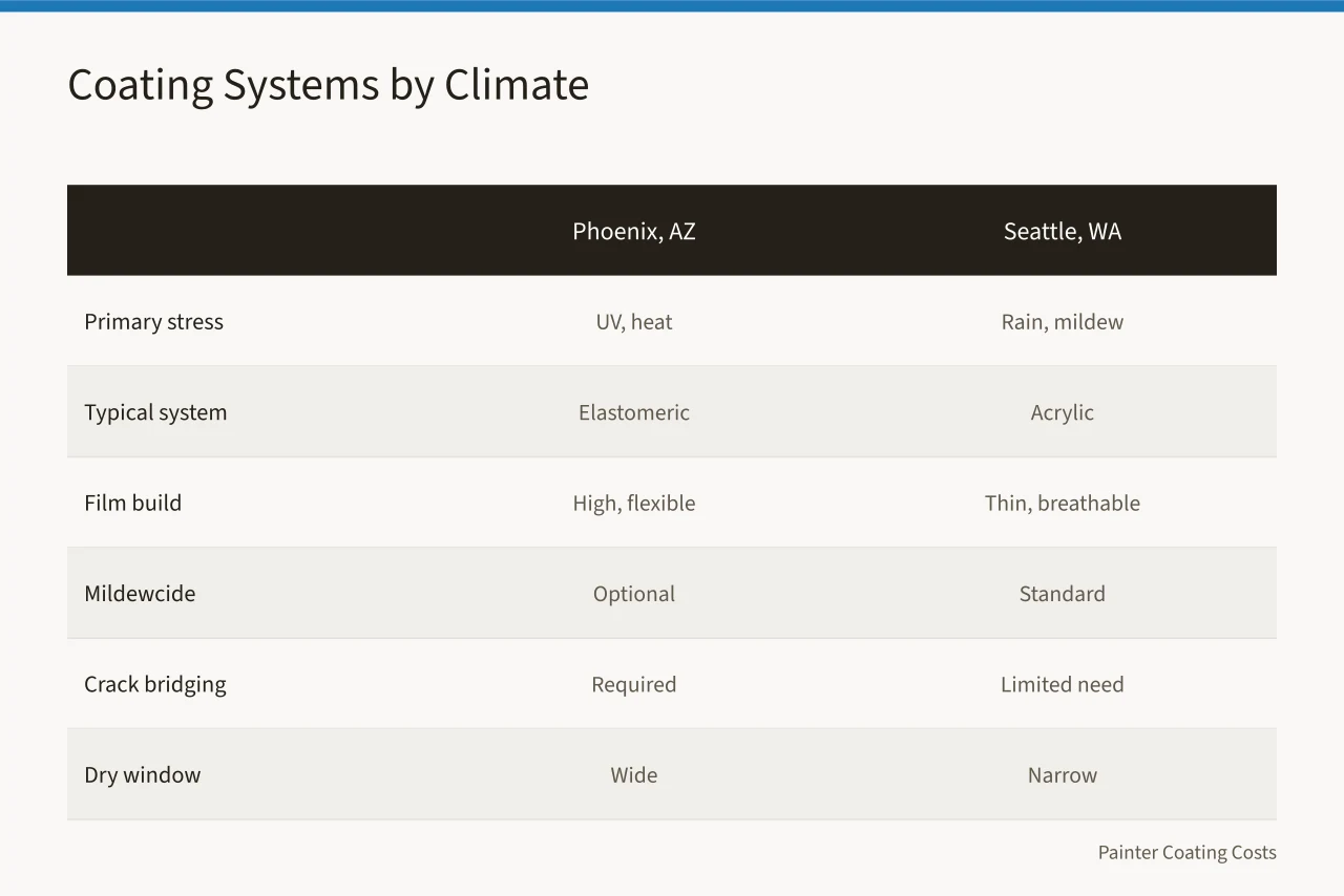 Comparison table of elastomeric and acrylic coating systems for Phoenix and Seattle climates (Phoenix vs Seattle exterior repaint costs, how climate changes coating choices)