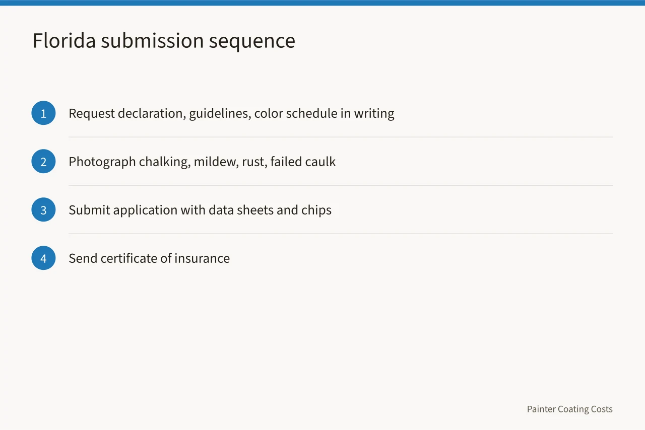 Four-step Florida HOA repaint submission sequence graphic (Florida and California HOA painting rules, a compliance guide)