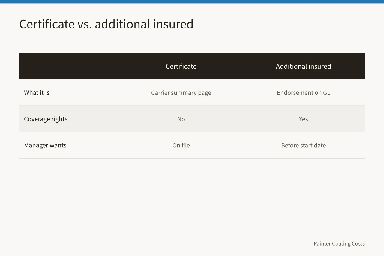 Comparison table of certificate of insurance versus additional insured endorsement (Florida and California HOA painting rules, a compliance guide)