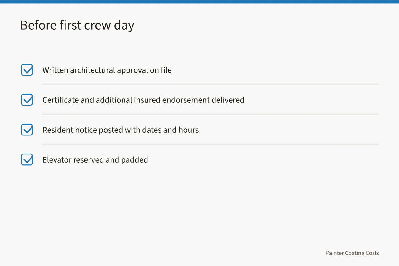 Pre-start checklist for HOA repaint crew day (Florida and California HOA painting rules, a compliance guide)