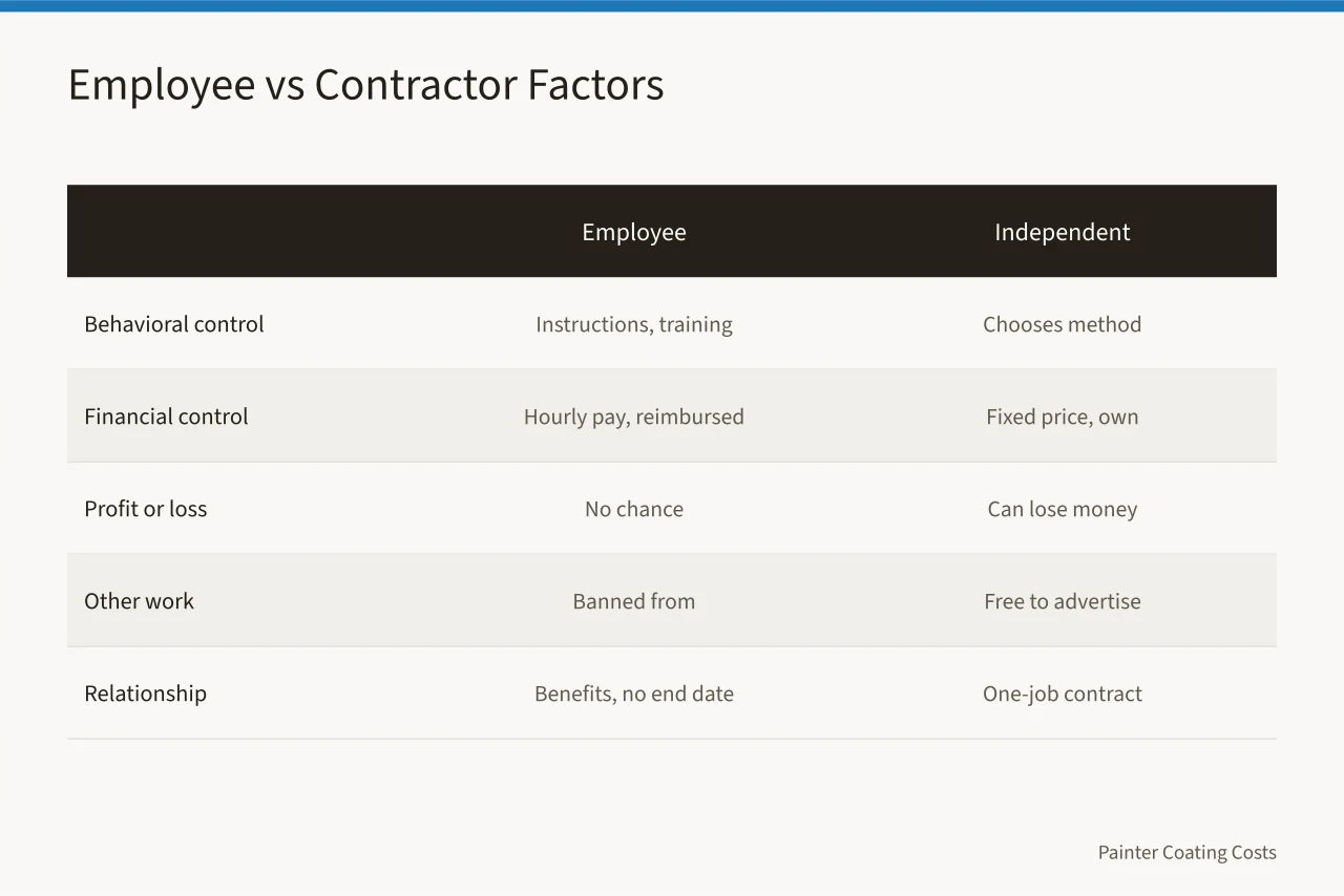 Comparison table of IRS employee versus independent contractor factors for painters (Which IRS rules decide employee status for US painting crews?)