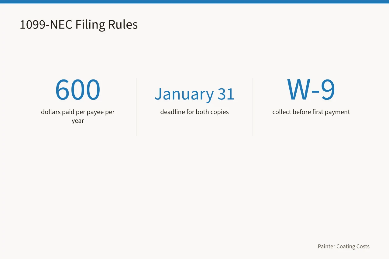 Key 1099-NEC numbers: 600 dollar threshold and January 31 deadline (Which IRS rules decide employee status for US painting crews?)
