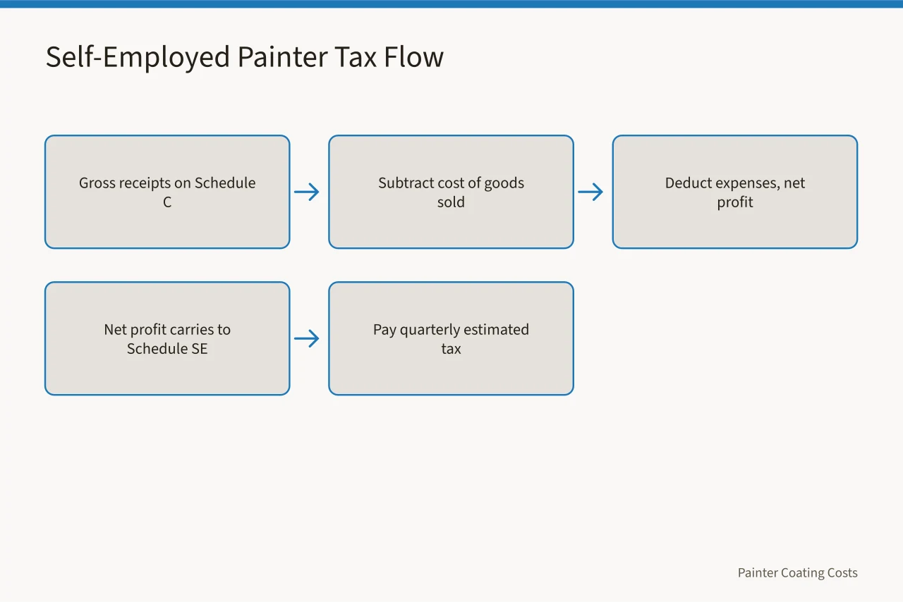 Flow chart from Schedule C gross receipts to Schedule SE self-employment tax (Which IRS rules decide employee status for US painting crews?)