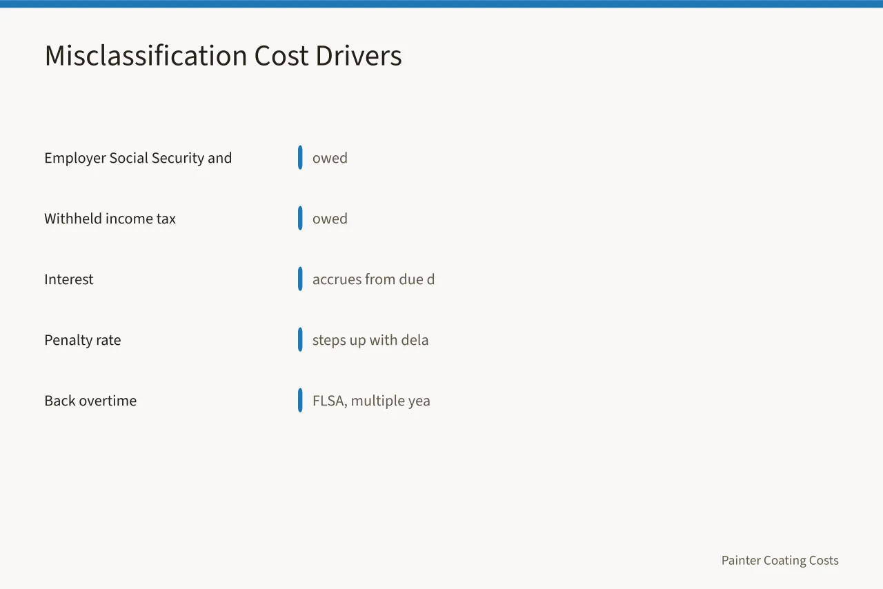 Bar-style list of costs owed when painters are reclassified as employees (Which IRS rules decide employee status for US painting crews?)