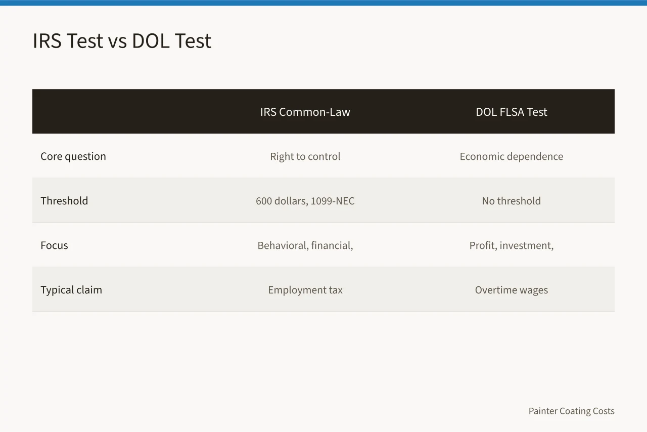 Comparison of IRS common-law test and DOL FLSA misclassification test (Which IRS rules decide employee status for US painting crews?)