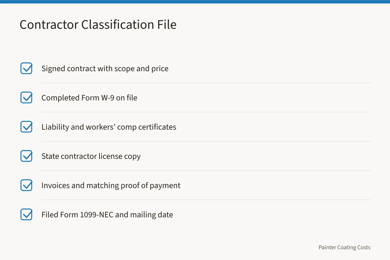 Checklist of documents that keep a painting contractor classification defensible (Which IRS rules decide employee status for US painting crews?)