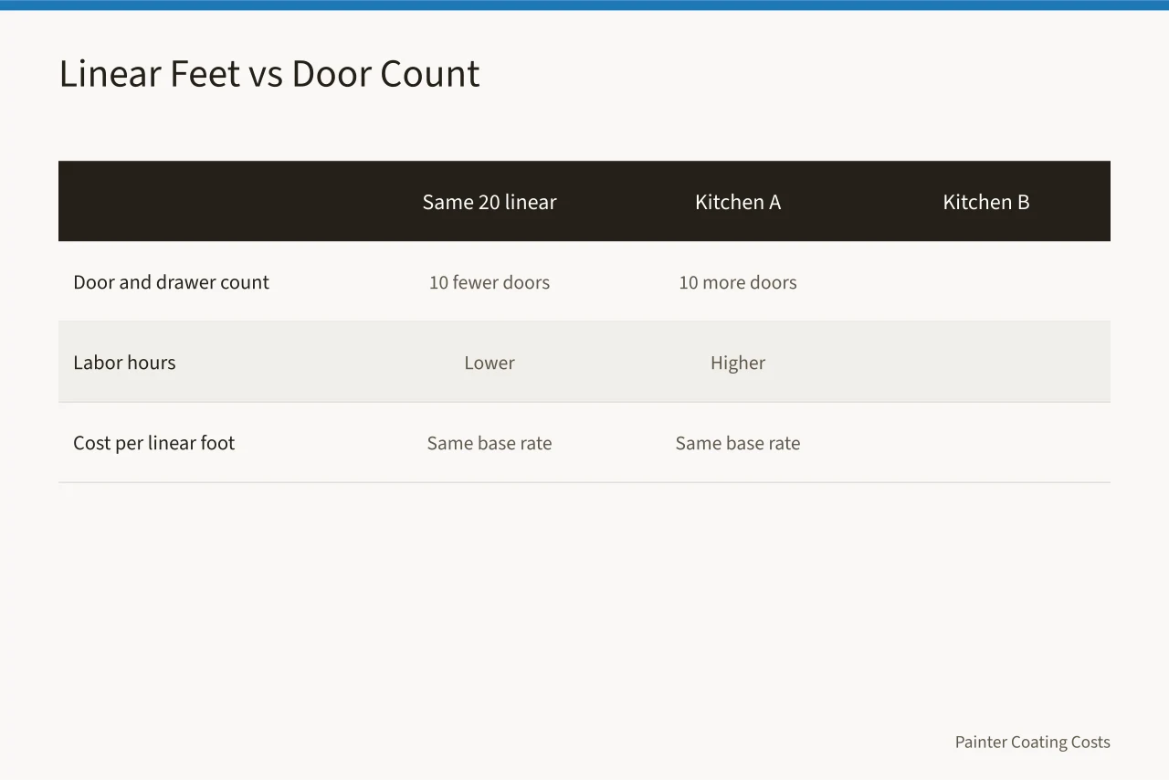Two kitchens of equal linear feet with different door counts (What It Costs to Paint Kitchen Cabinets per Linear Foot)