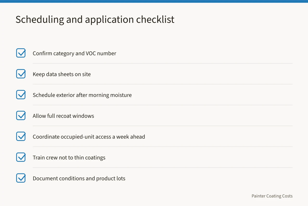 Seven-item job site checklist covering VOC verification, dry time, access, and documentation (Los Angeles VOC rules: coating products and repaint pricing)