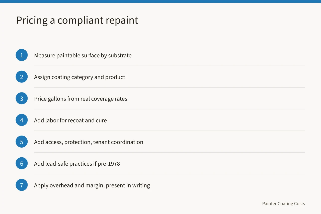 Seven-step pricing sequence for a multifamily or commercial repaint under VOC rules (Los Angeles VOC rules: coating products and repaint pricing)