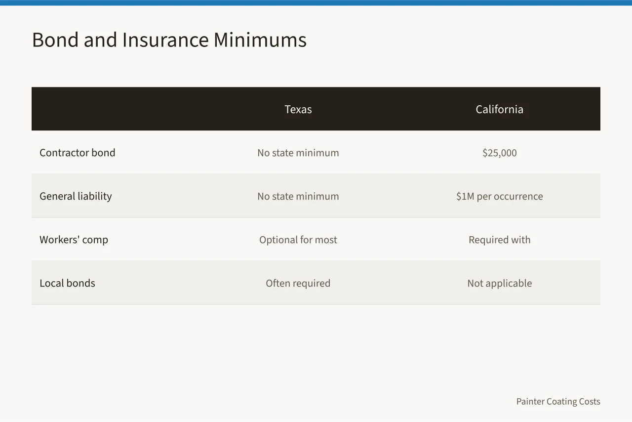 Comparison of Texas and California bond and insurance minimums for painters (3 licensing rules Texas and California painters must follow)