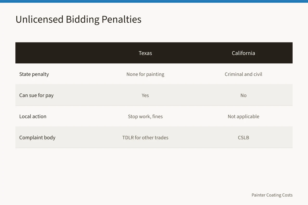 Comparison of penalties for unlicensed painting work in Texas and California (3 licensing rules Texas and California painters must follow)