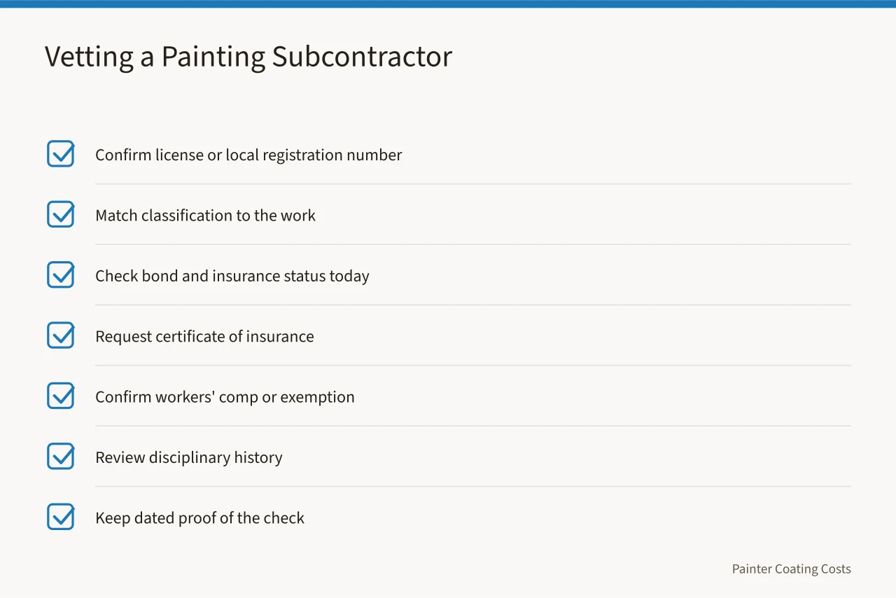 Checklist for vetting a painting subcontractor's license and insurance (3 licensing rules Texas and California painters must follow)